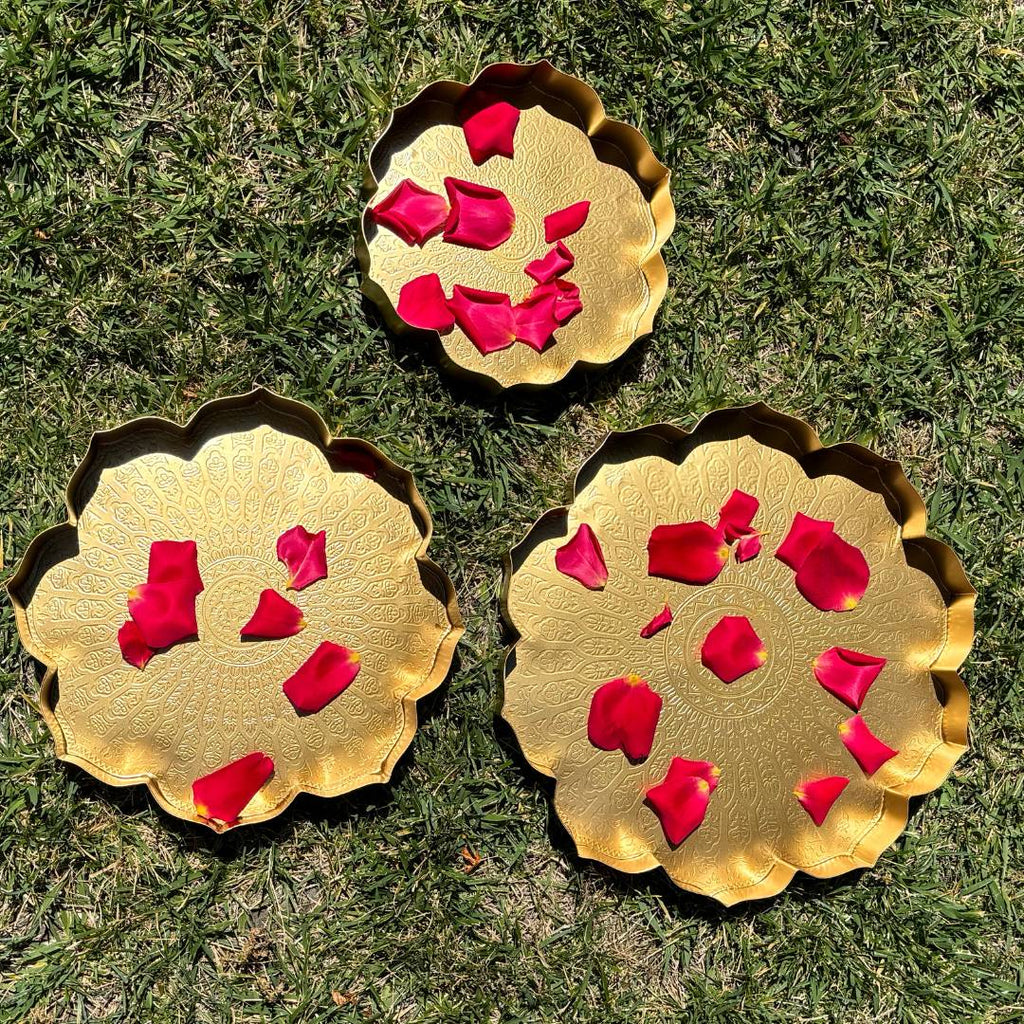 Gold Etched Lotus Urli Bowl Set of 3 – Haldi Tray & Pooja Thali