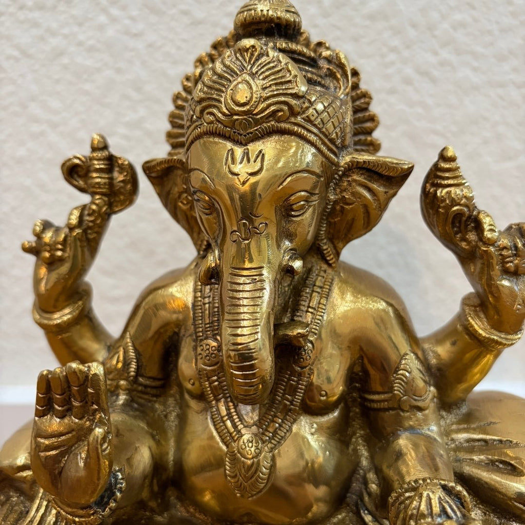 9.5in Brass Ganesha Statue - Antique Gold Ganpati Idol
