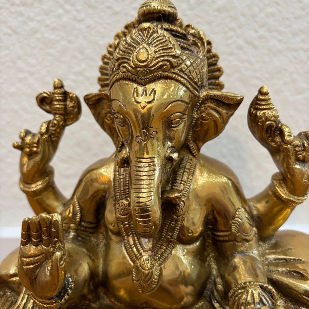 9.5in Brass Ganesha Statue - Antique Gold Ganpati Idol