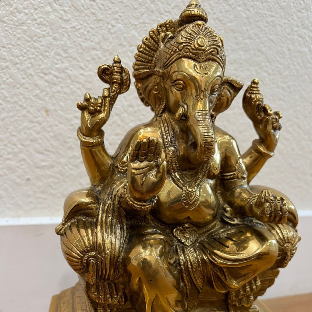9.5in Brass Ganesha Statue - Antique Gold Ganpati Idol