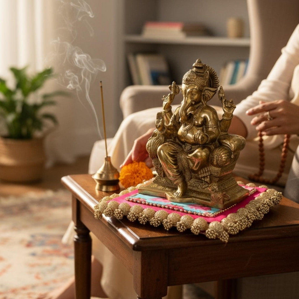 9.5in Brass Ganesha Statue - Antique Gold Ganpati Idol