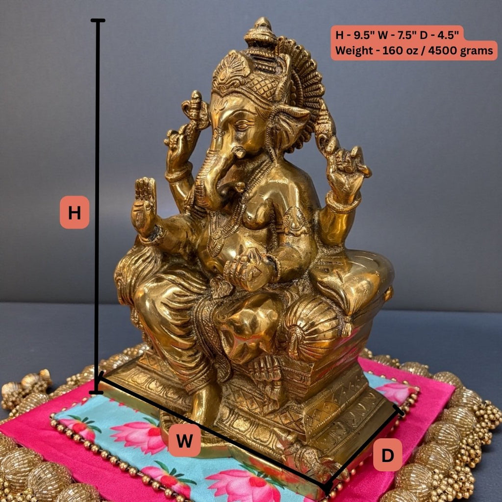 9.5in Brass Ganesha Statue - Antique Gold Ganpati Idol