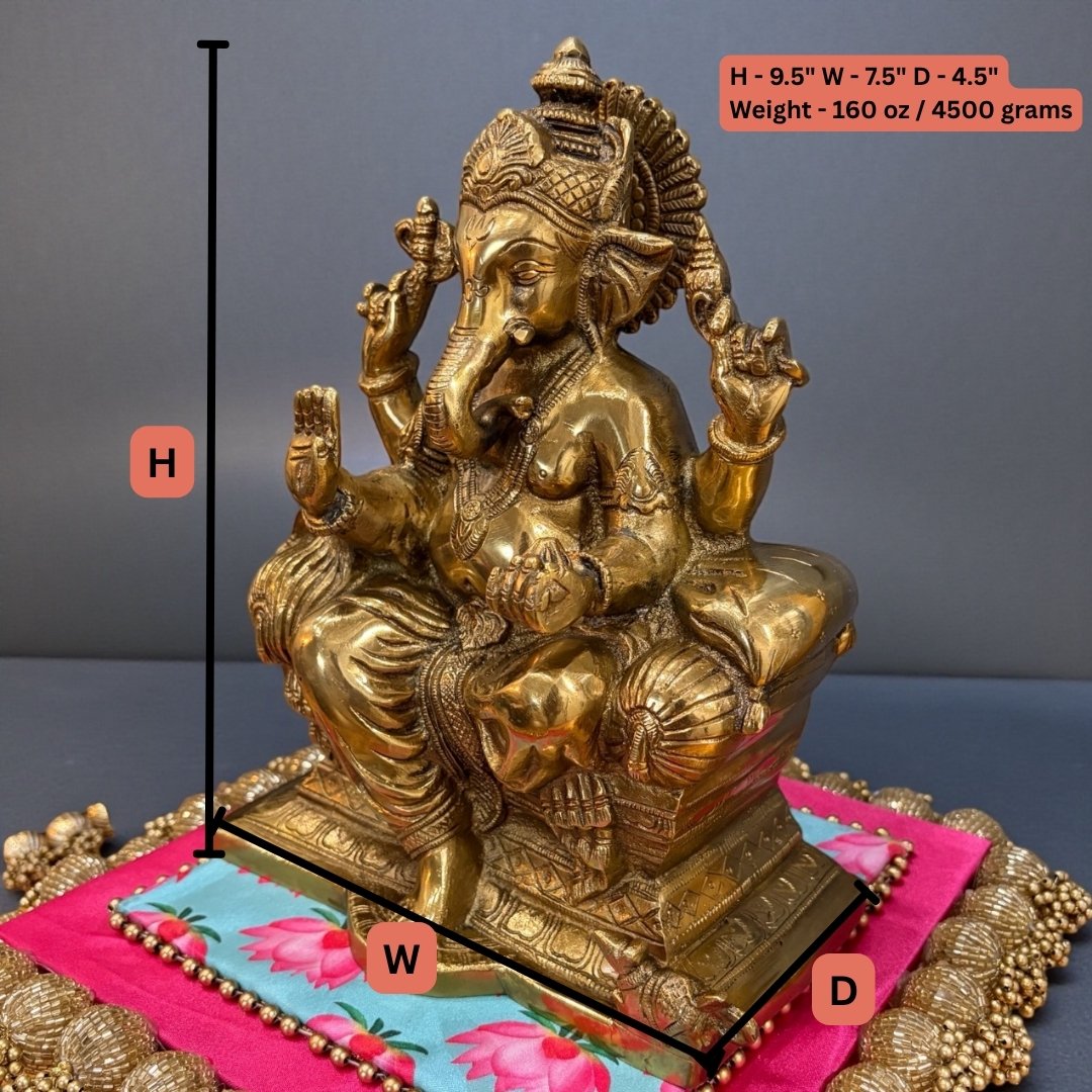 9.5in Brass Ganesha Statue - Antique Gold Ganpati Idol