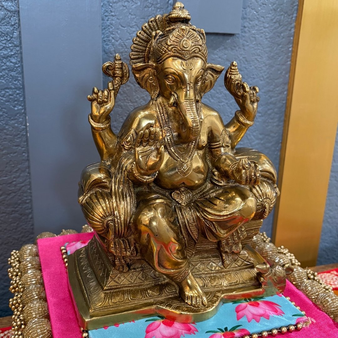 9.5in Brass Ganesha Statue - Antique Gold Ganpati Idol