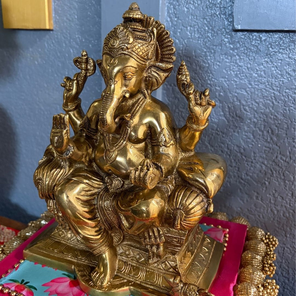9.5in Brass Ganesha Statue - Antique Gold Ganpati Idol