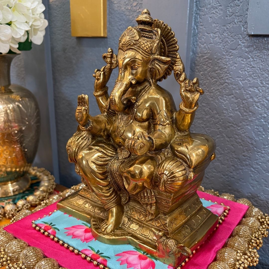 9.5in Brass Ganesha Statue - Antique Gold Ganpati Idol