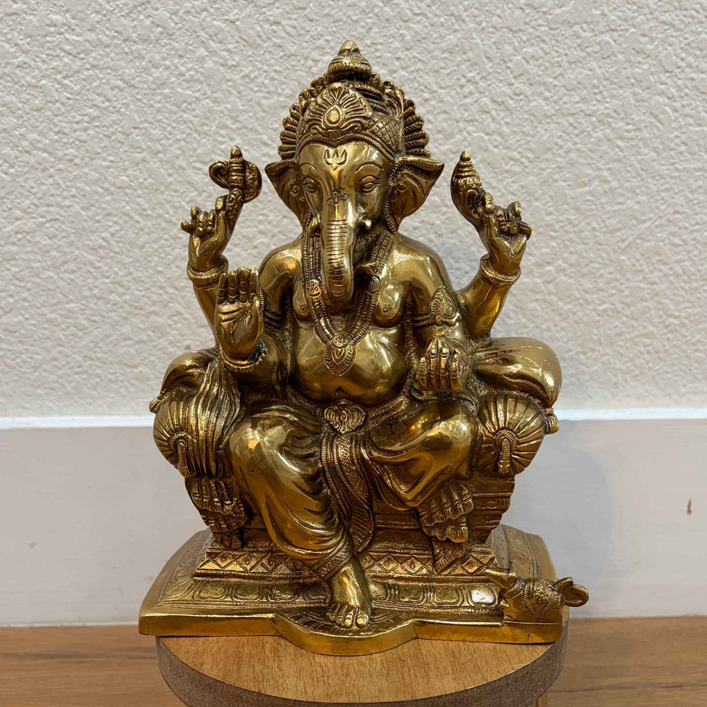 9.5in Brass Ganesha Statue - Antique Gold Ganpati Idol
