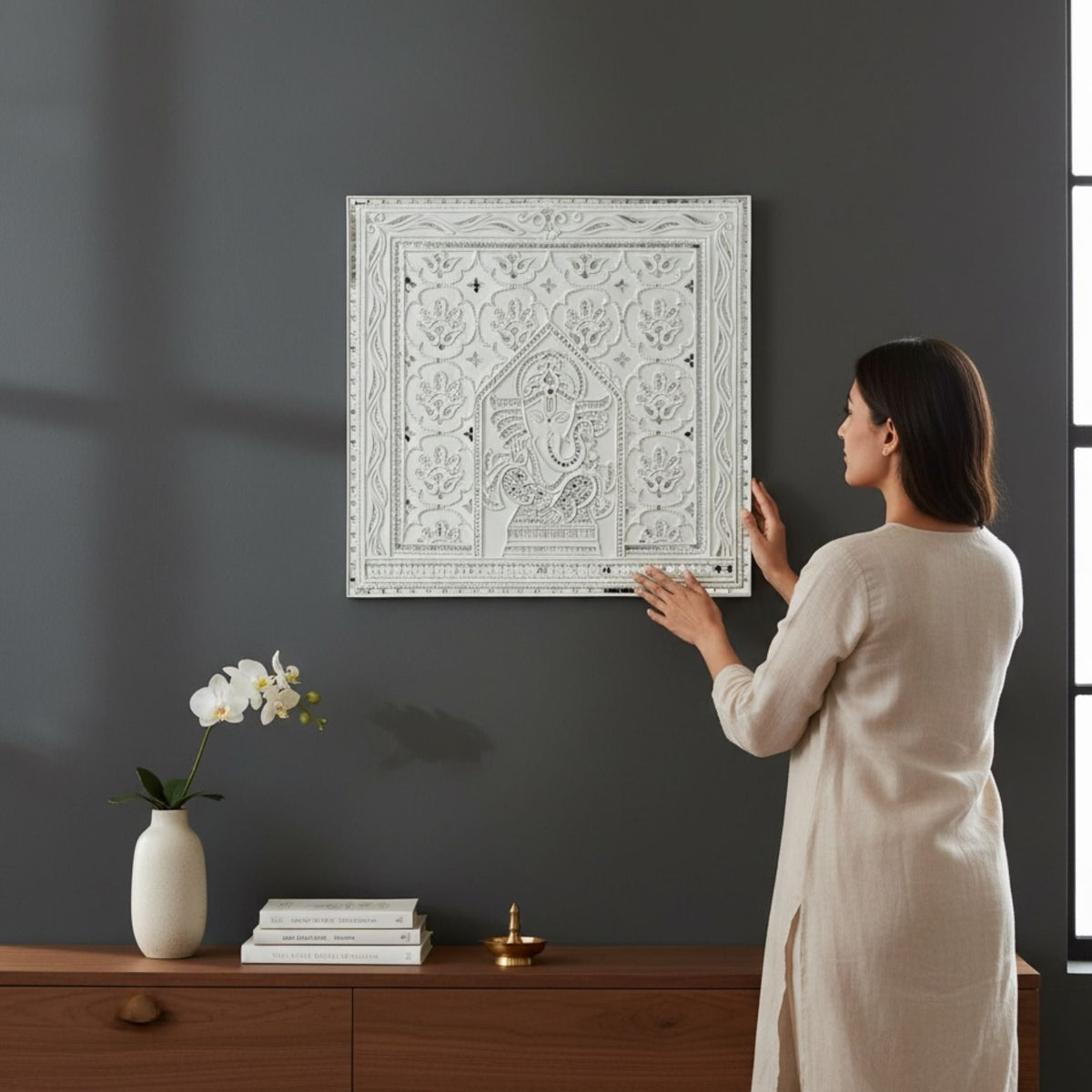 White Ganesha Lippan Wall Art - 23x23-Inch Mud & Mirror Panel