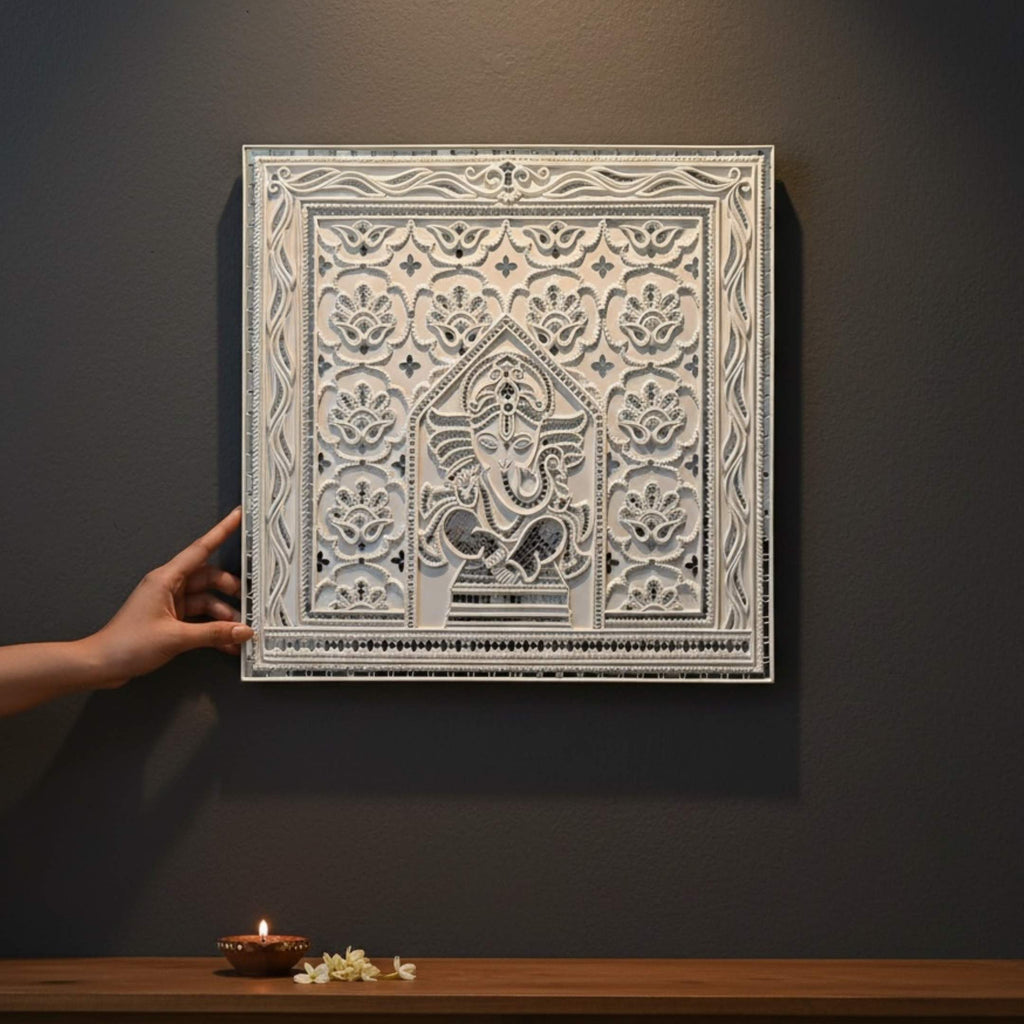 White Ganesha Lippan Wall Art - 23x23-Inch Mud & Mirror Panel