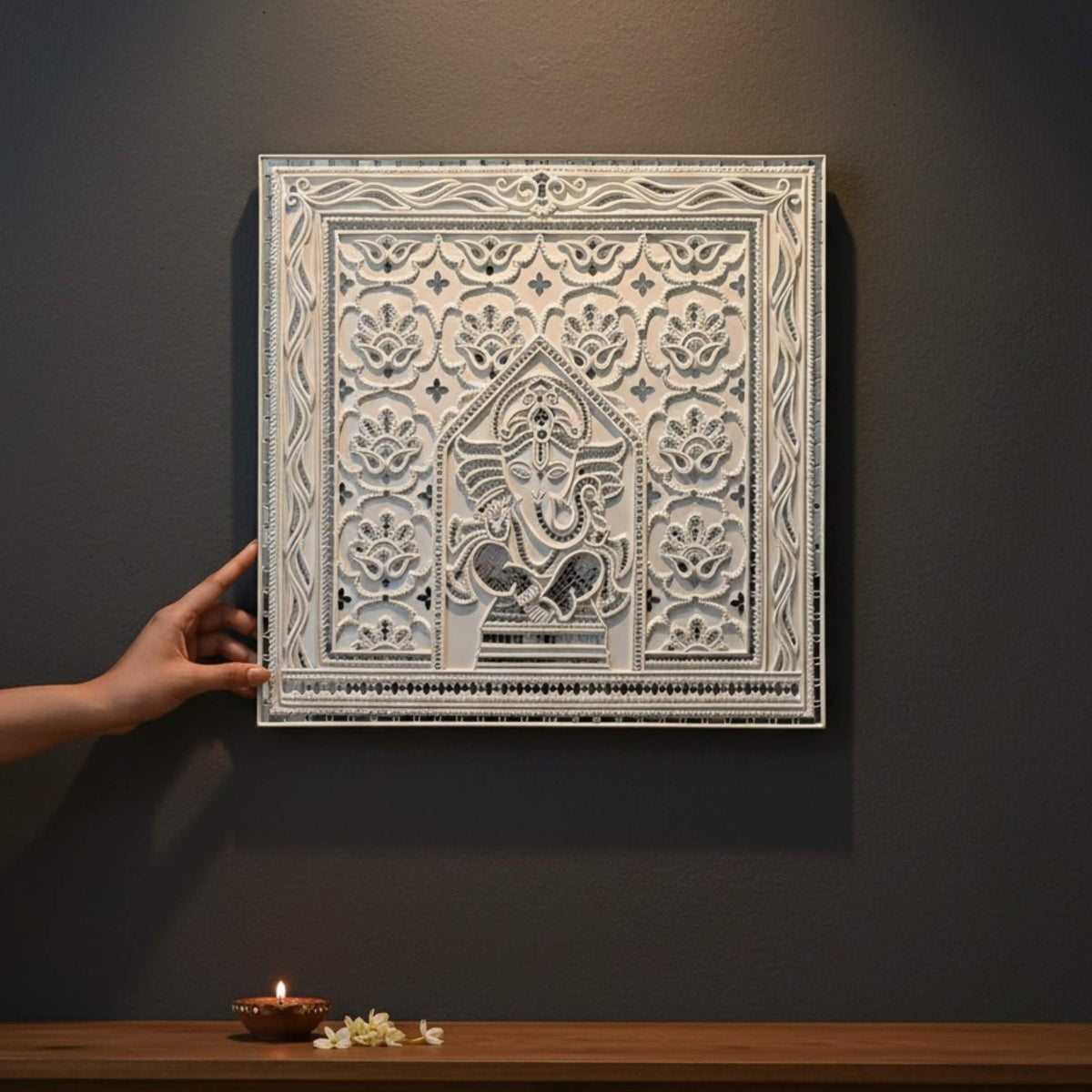 White Ganesha Lippan Wall Art - 23x23-Inch Mud & Mirror Panel