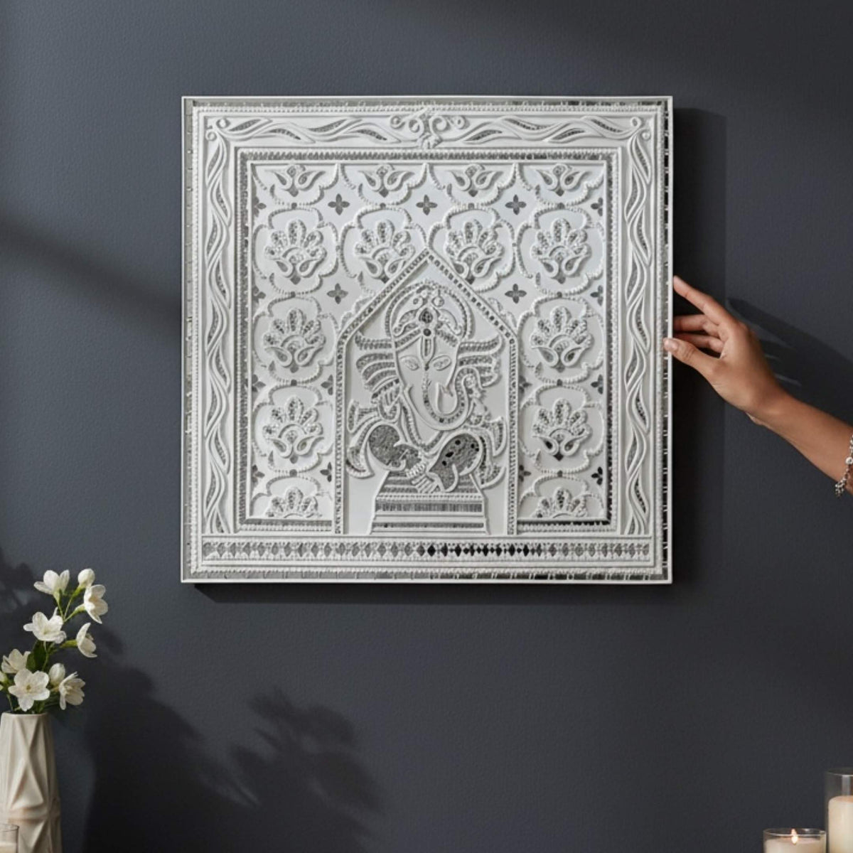 White Ganesha Lippan Wall Art - 23x23-Inch Mud & Mirror Panel