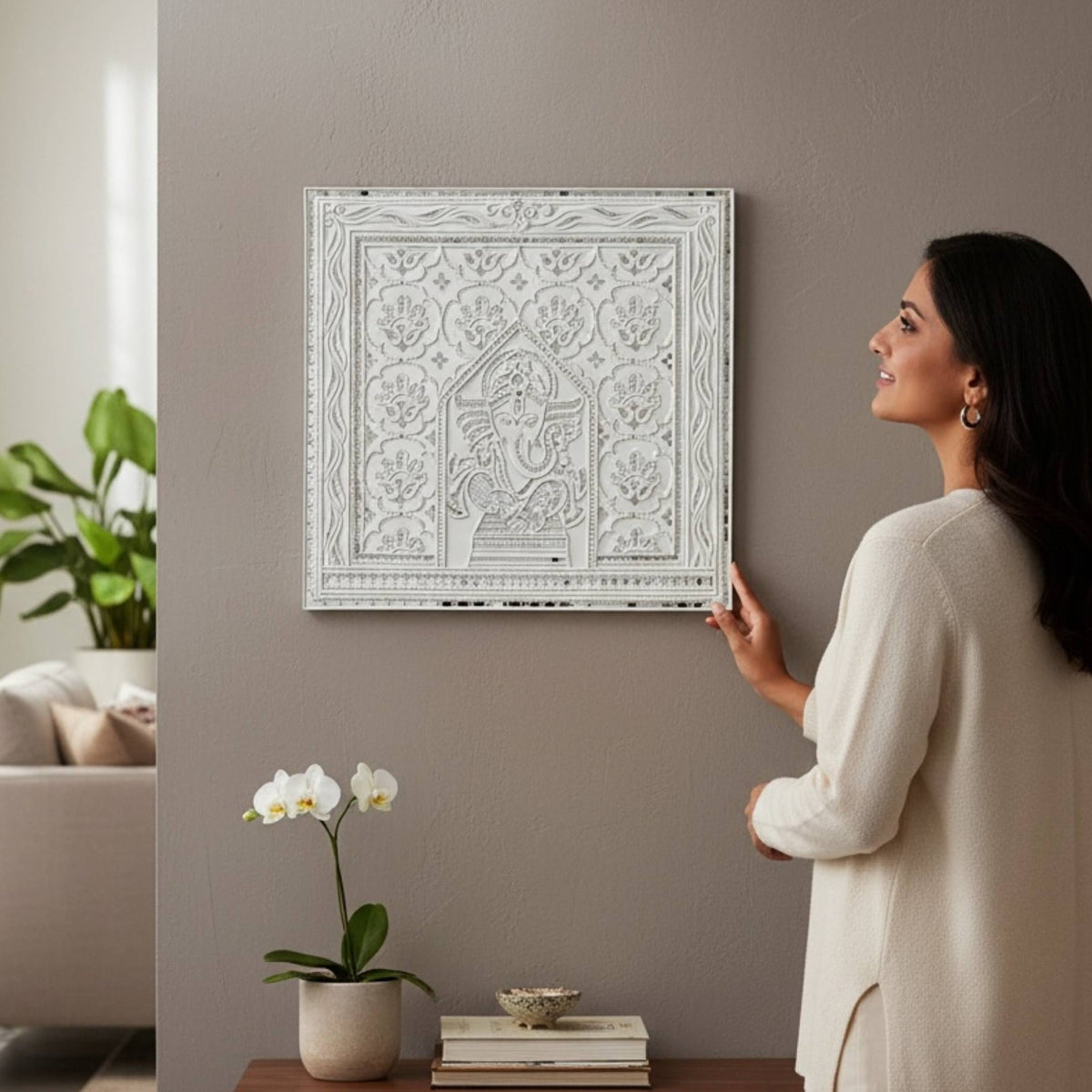 White Ganesha Lippan Wall Art - 23x23-Inch Mud & Mirror Panel