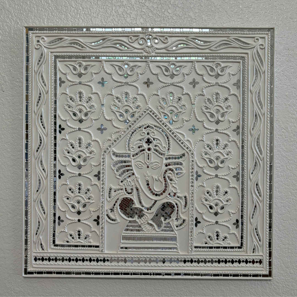 White Ganesha Lippan Wall Art - 23x23-Inch Mud & Mirror Panel