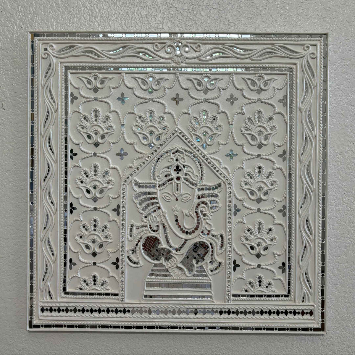 White Ganesha Lippan Wall Art - 23x23-Inch Mud & Mirror Panel