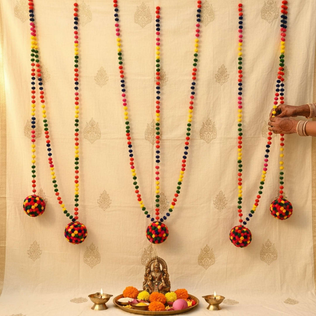 Multicolor Pompom Ball Garland Set of 6 - 6FT Woolen Strings