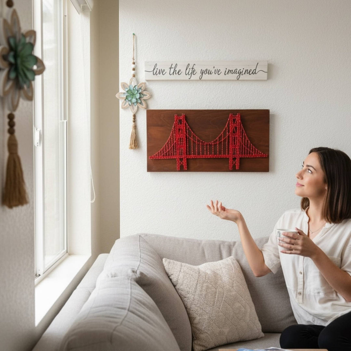 Golden Gate Bridge String Art - 24x12 Nail and Thread Wall Art