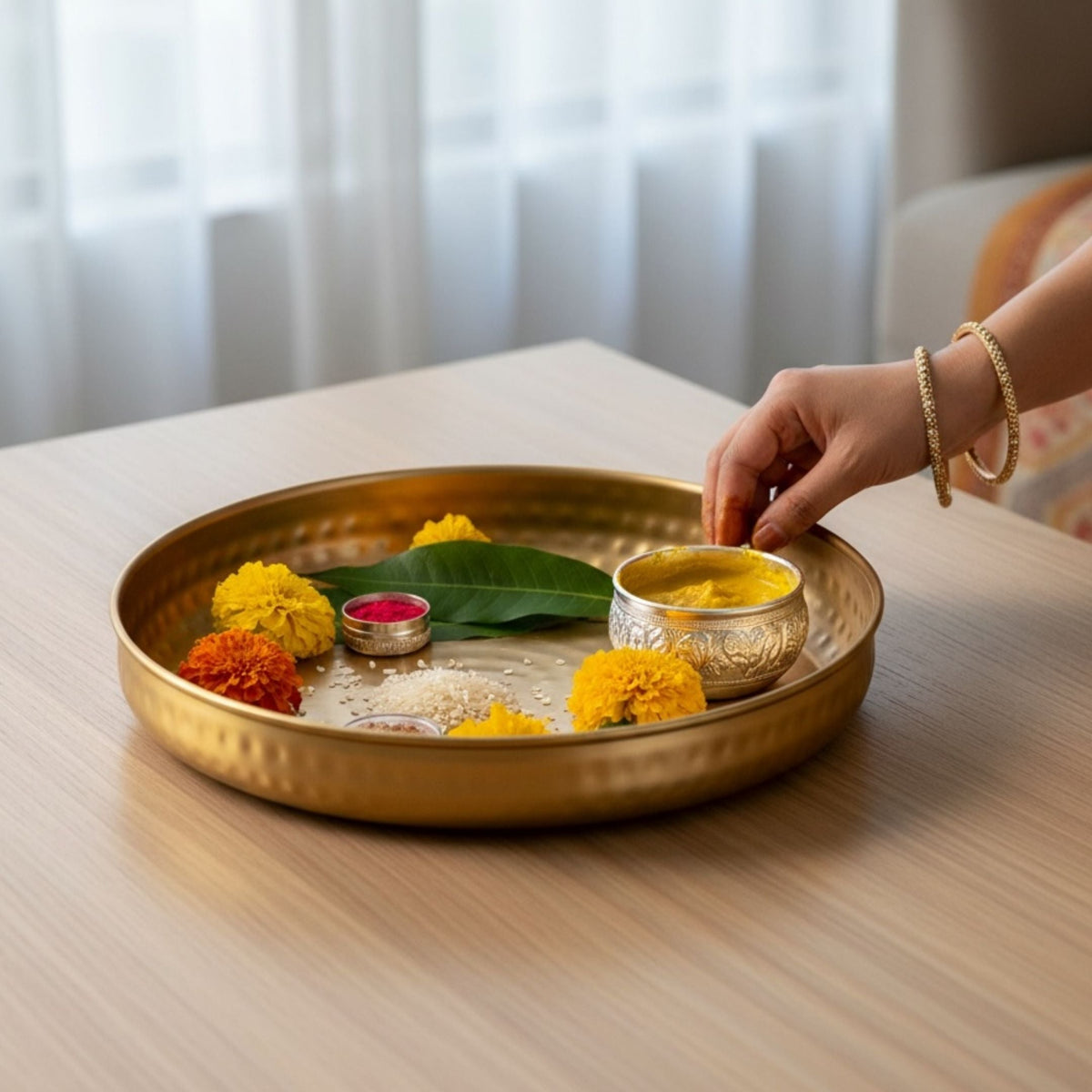Hammered Gold Urli Bowl – Elegant Indian Pooja & Wedding Centerpiece