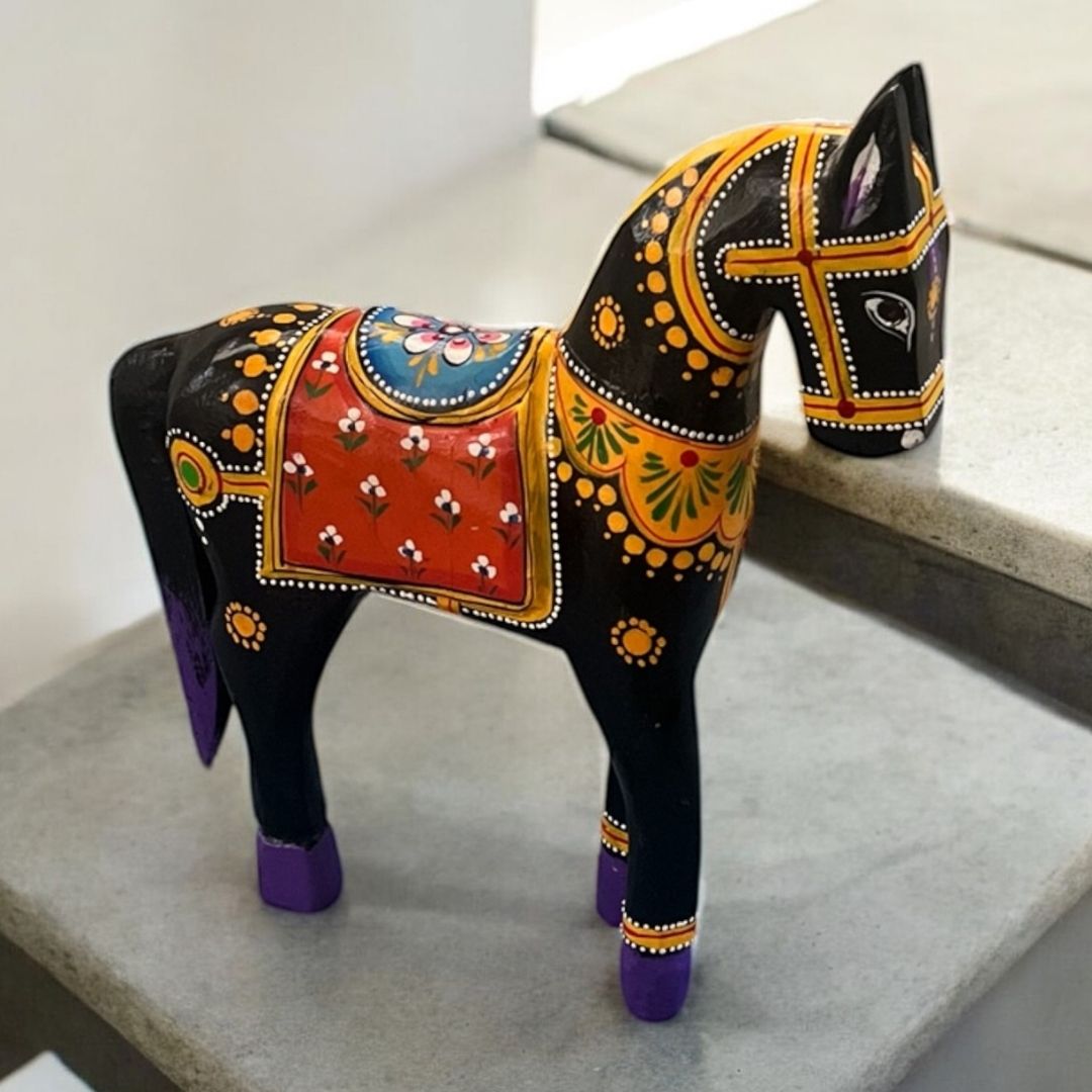 Wooden Horse - 10-Inch Hand-Painted Rajasthani Figure