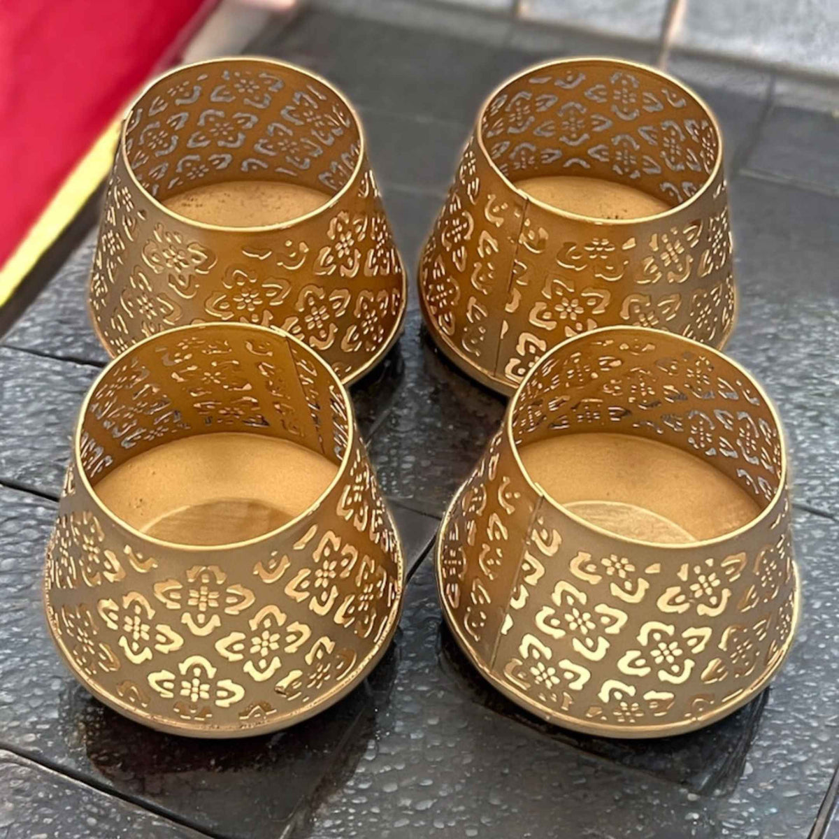 Gold Jali T-Light Lanterns - Set of 4 Pierced Metal Diyas