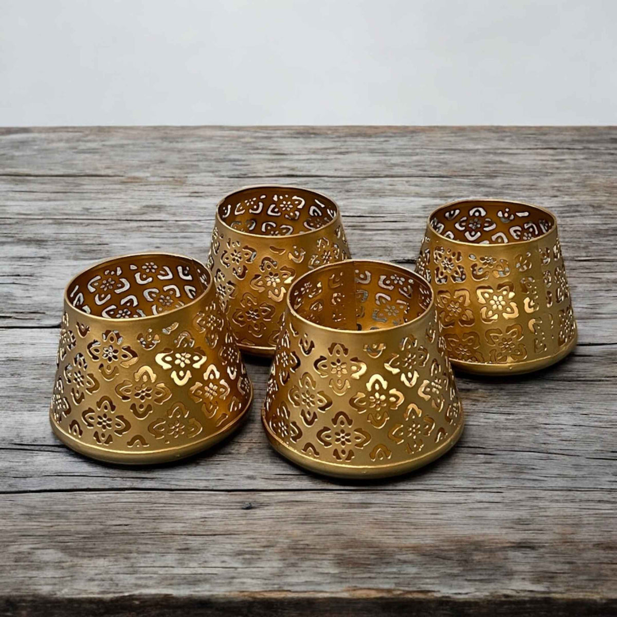 Gold Jali T-Light Lanterns - Set of 4 Pierced Metal Diyas
