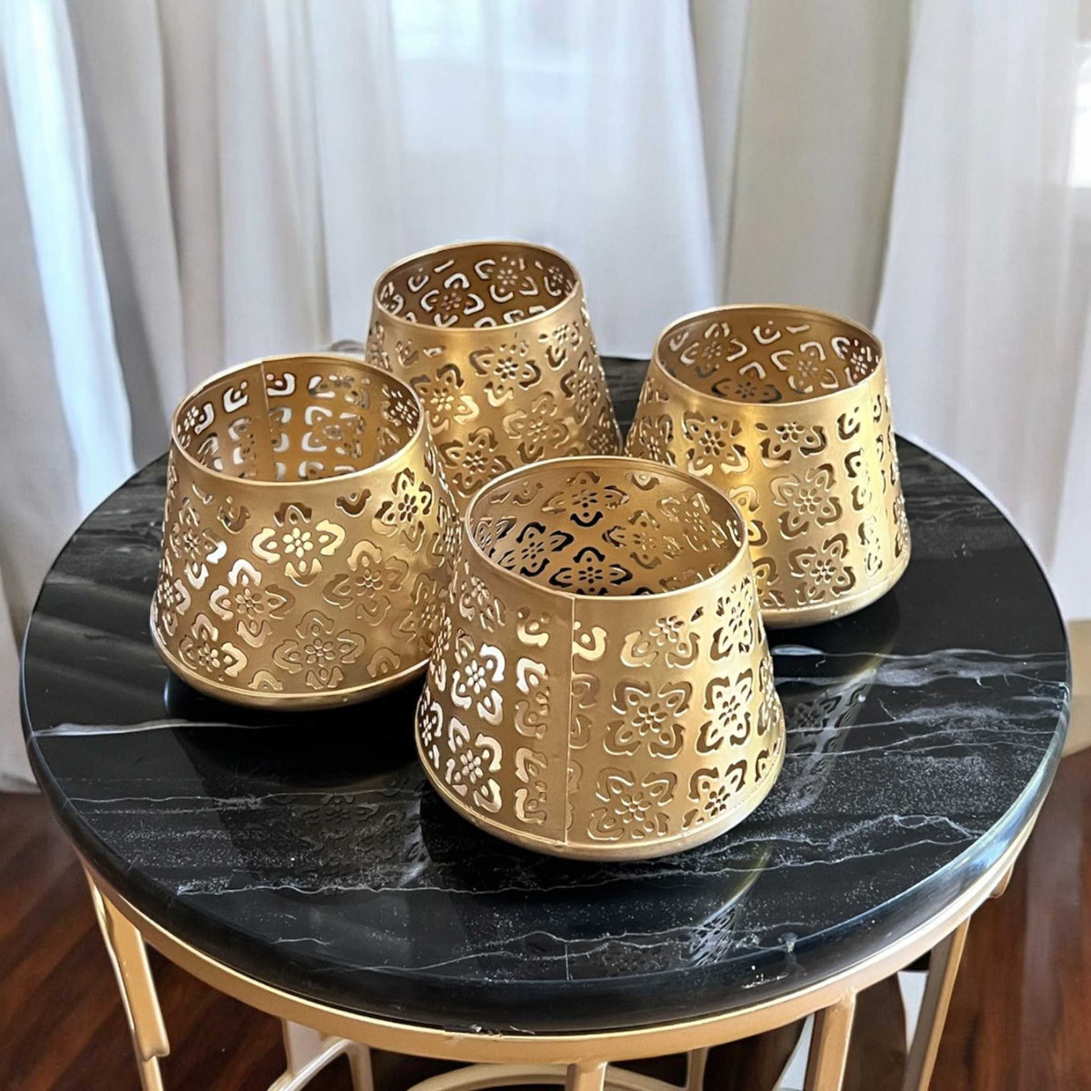 Gold Jali T-Light Lanterns - Set of 4 Pierced Metal Diyas