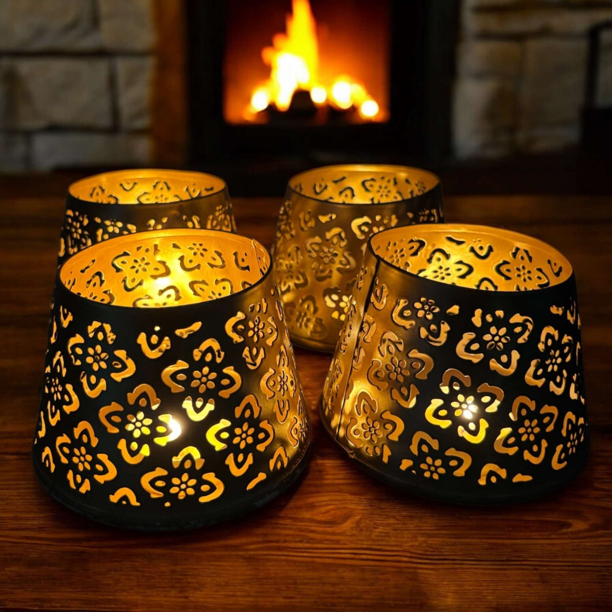 Gold Jali T-Light Lanterns - Set of 4 Pierced Metal Diyas