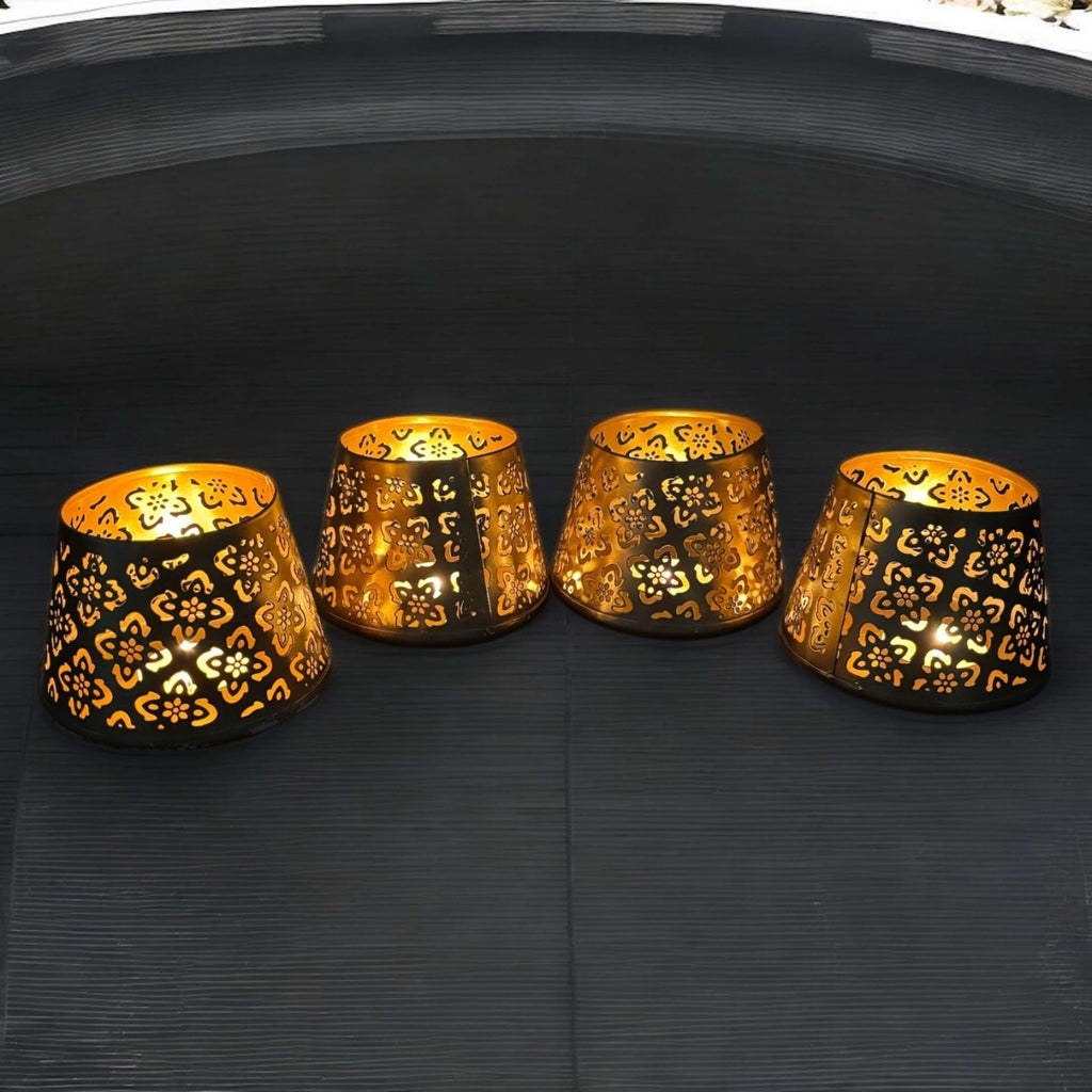 Gold Jali T-Light Lanterns - Set of 4 Pierced Metal Diyas