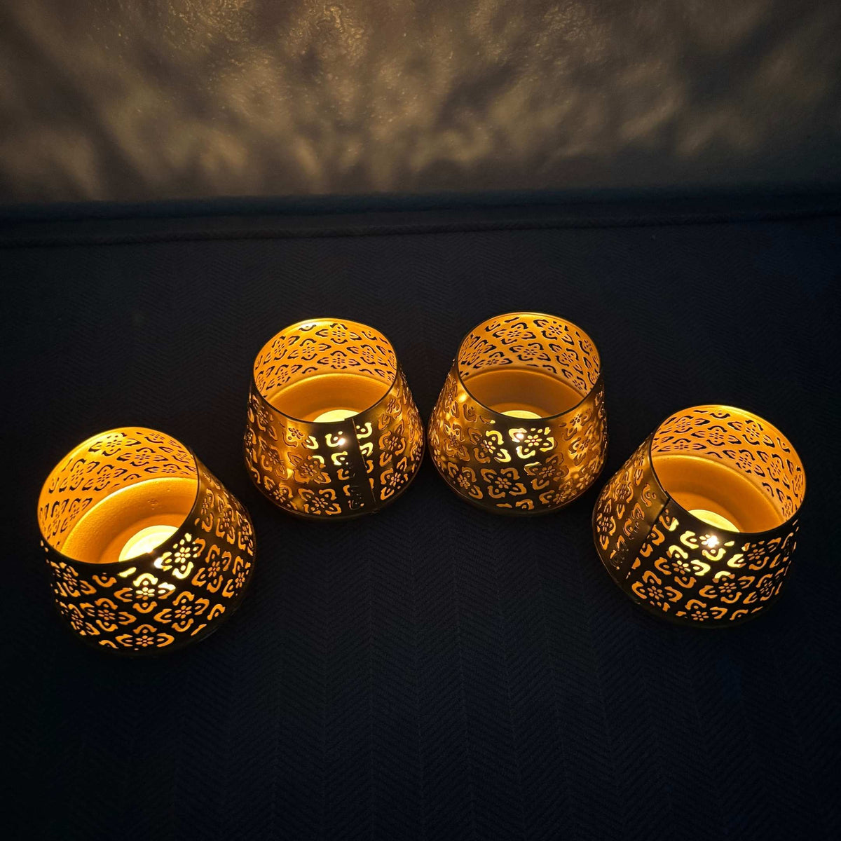Gold Jali T-Light Lanterns - Set of 4 Pierced Metal Diyas