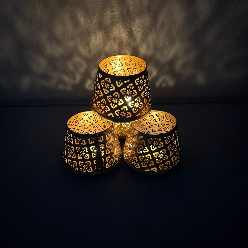 Gold Jali T-Light Lanterns - Set of 4 Pierced Metal Diyas