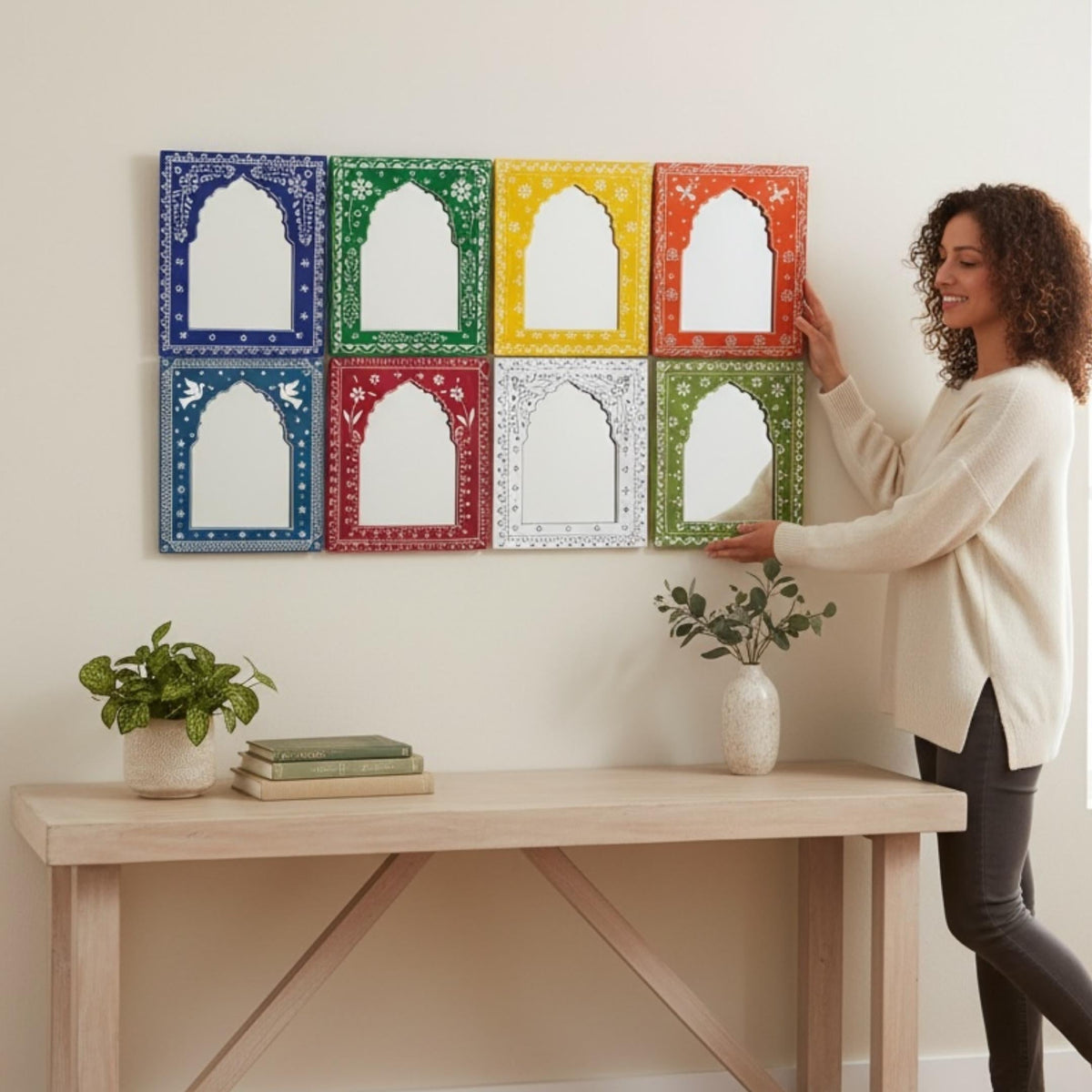 Hand-Painted Jharokha Mirror – 12x10 Inches, 8 Colours