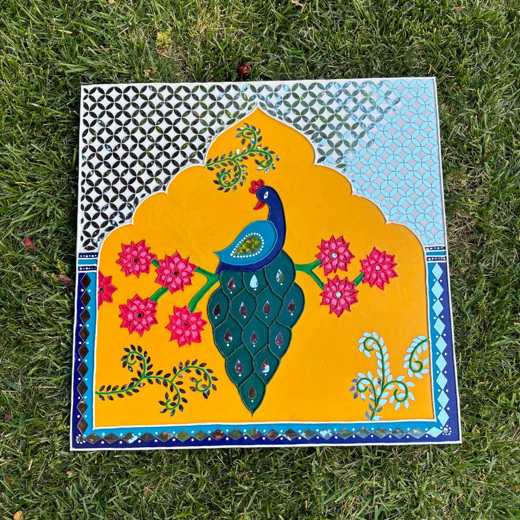 Peacock Lippan Wall Art – 24x24 Jharokha Panel with Mirror Work
