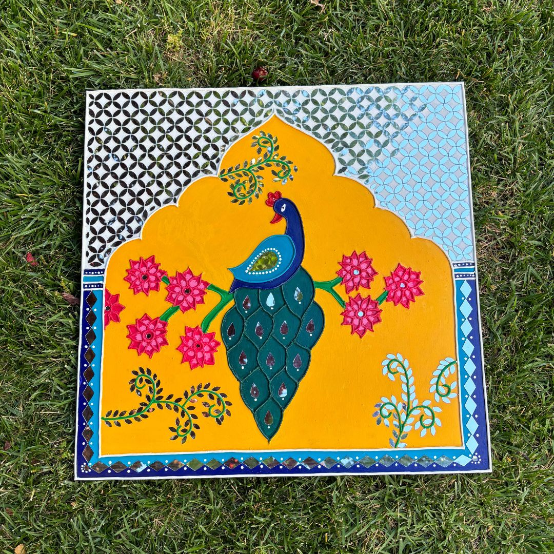 Peacock Lippan Wall Art – 24x24 Jharokha Panel with Mirror Work