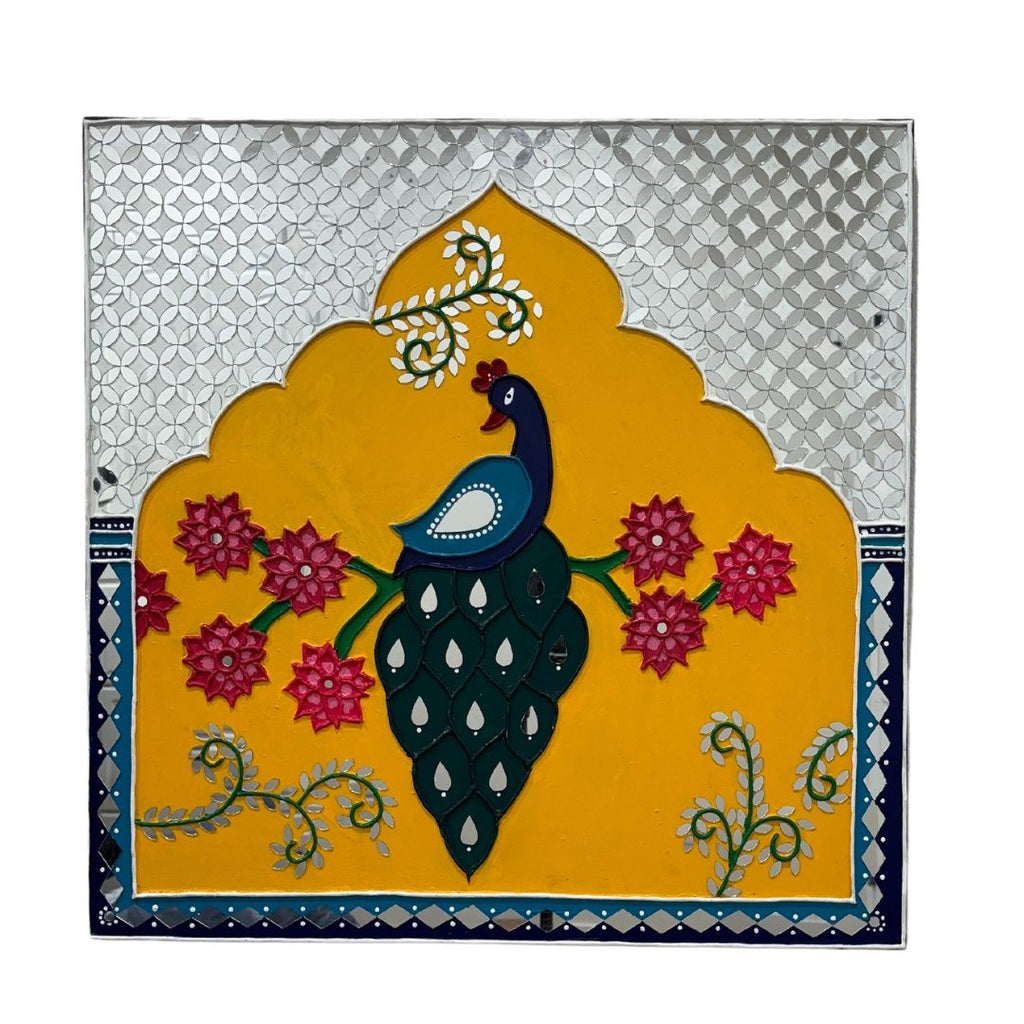 Peacock Lippan Wall Art – 24x24 Jharokha Panel with Mirror Work