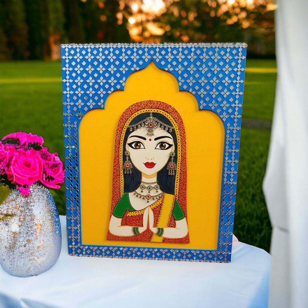 Rajasthani Welcome Wall Art – Woman in Namaste, 20x16 Jharokha