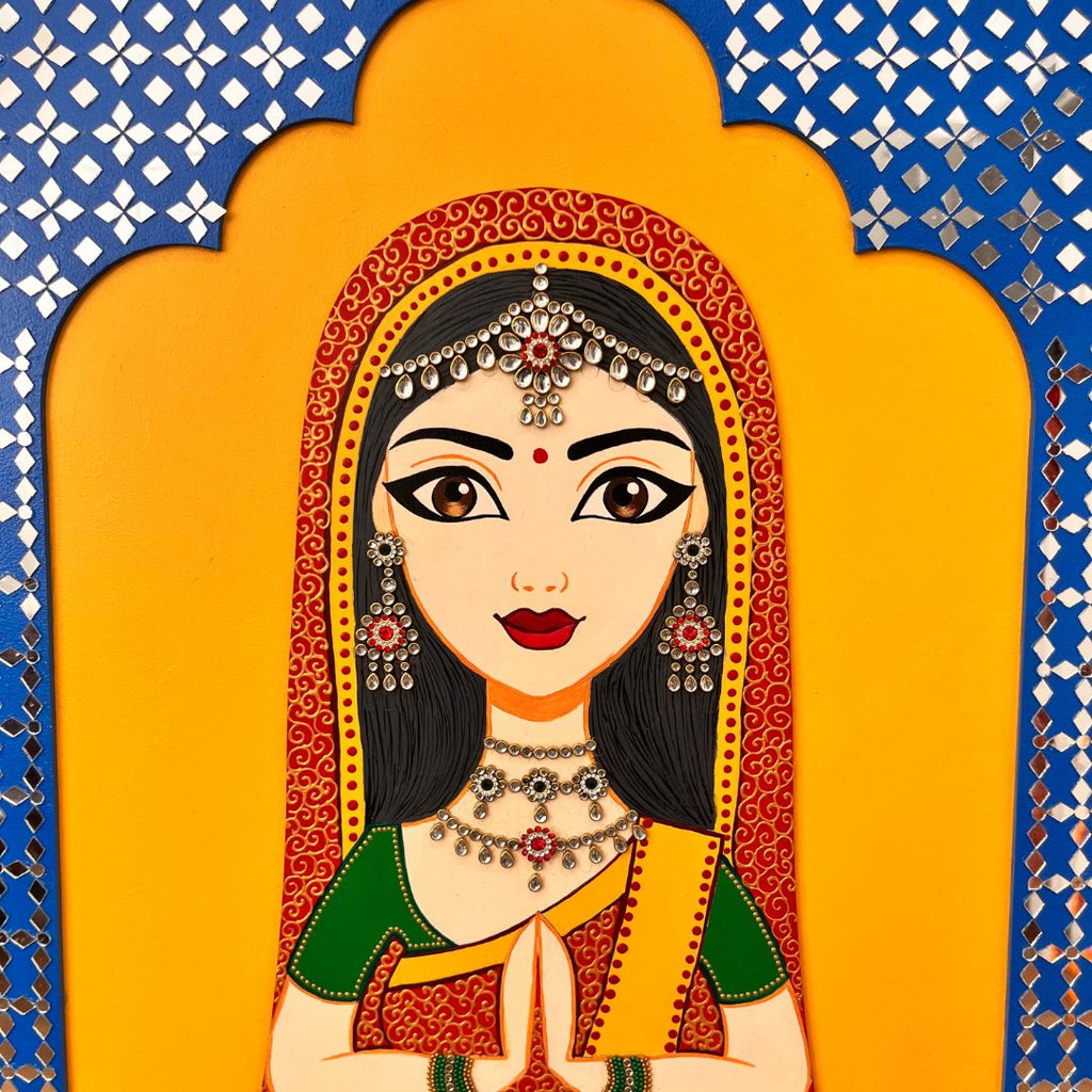 Rajasthani Welcome Wall Art – Woman in Namaste, 20x16 Jharokha