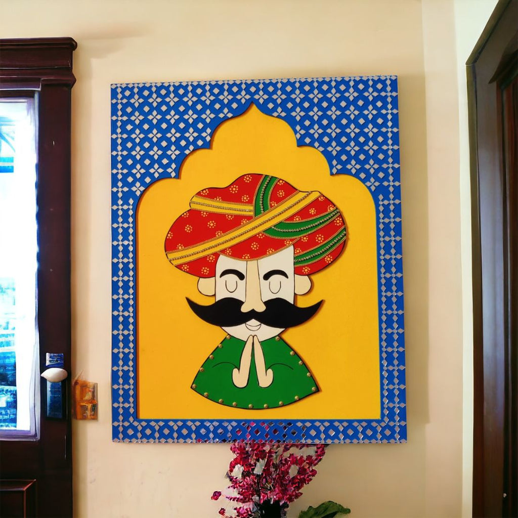Rajasthani Welcome Wall Art – Man in Namaste, 20x16 Jharokha