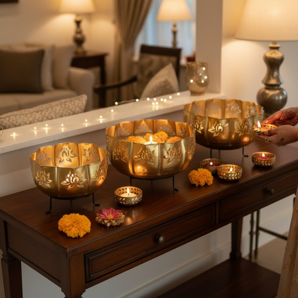 Lotus Motif Jumbo Urli Bowl Set – 13-Piece Wedding & Diwali Centerpiece