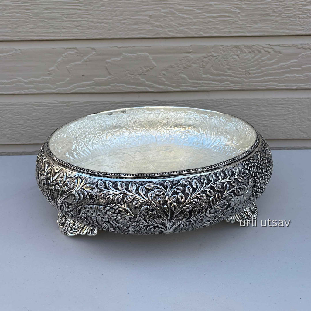 17-Inches Jungle Theme Engraved Urli Bowl | Antique Silver