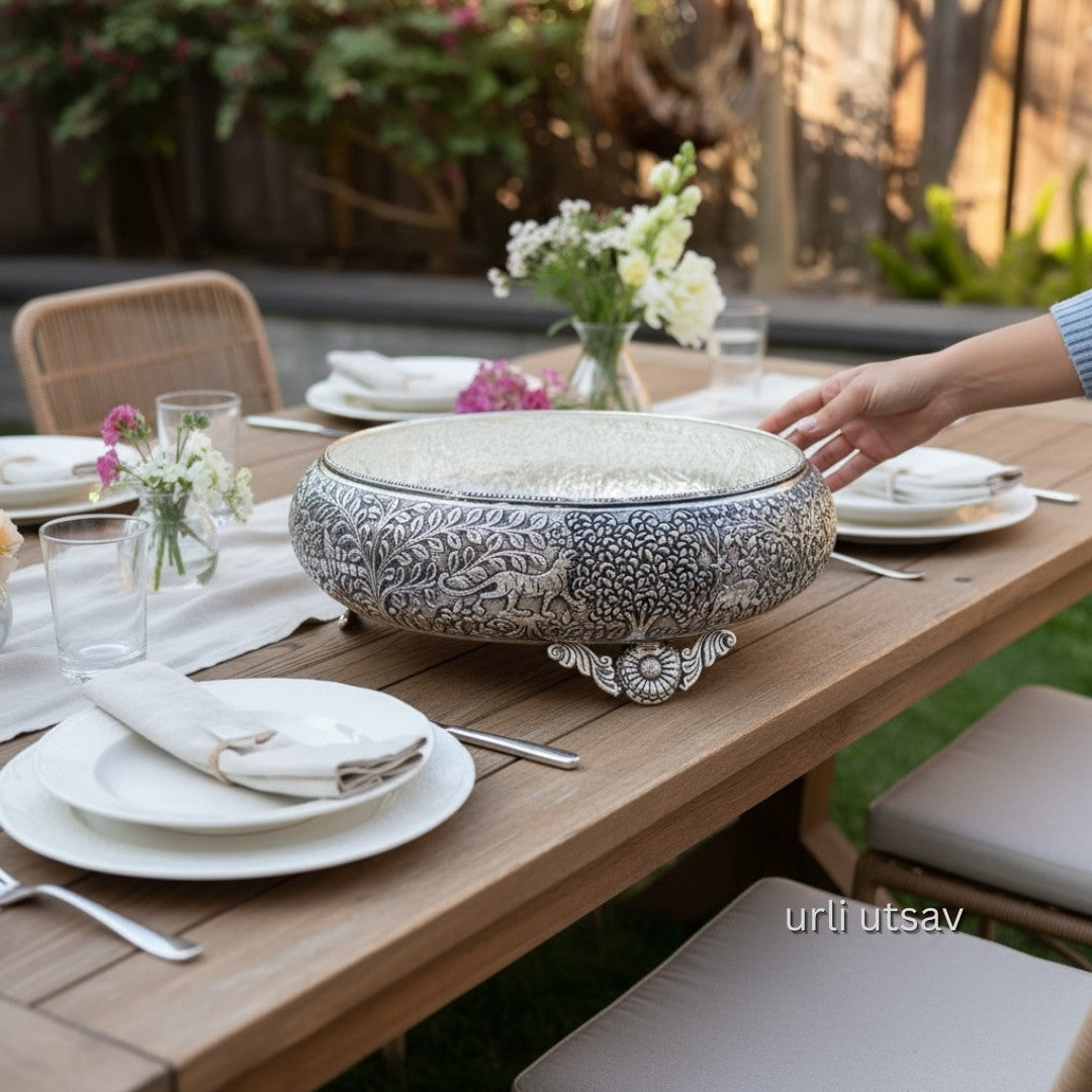 17-Inches Jungle Theme Engraved Urli Bowl | Antique Silver