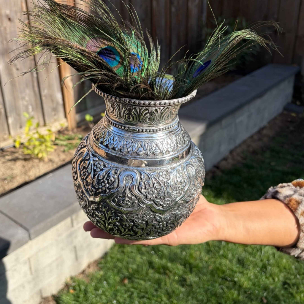 7-Inches Kalash Leaves Design | Antique Silver Lota