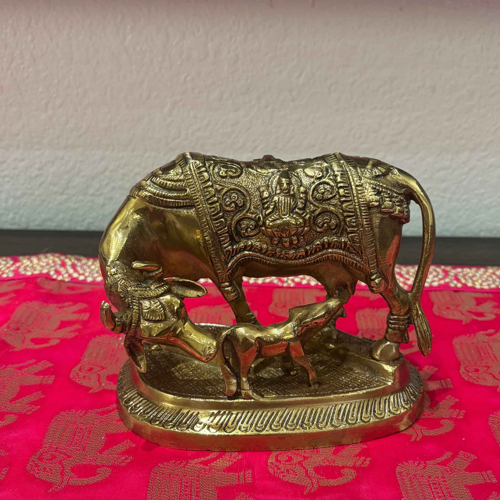 Brass Kamdhenu Cow with Calf Statue - Hand-Engraved, 2 kg