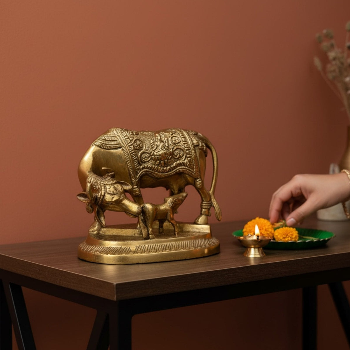Brass Kamdhenu Cow with Calf Statue - Hand-Engraved, 2 kg