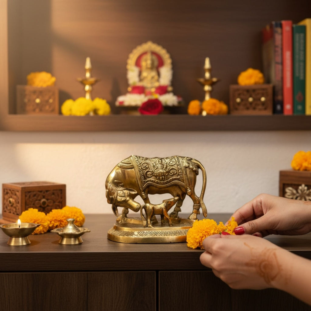 Brass Kamdhenu Cow with Calf Statue - Hand-Engraved, 2 kg