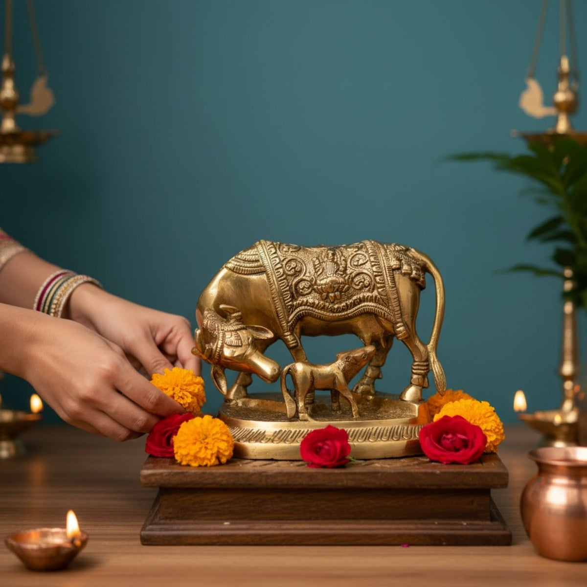 Brass Kamdhenu Cow with Calf Statue - Hand-Engraved, 2 kg