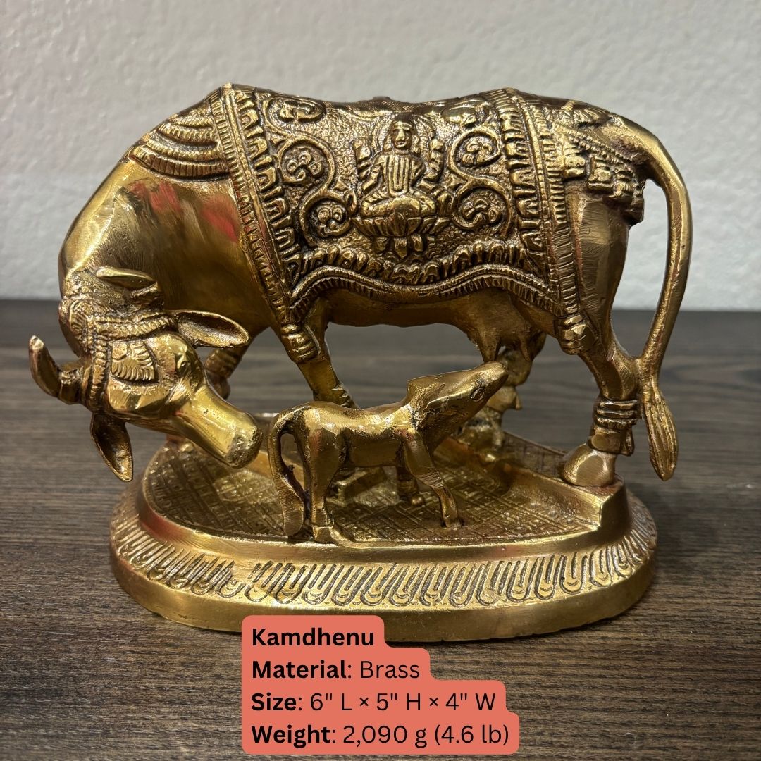 Brass Kamdhenu Cow with Calf Statue - Hand-Engraved, 2 kg