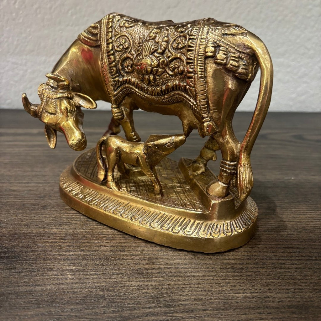 Brass Kamdhenu Cow with Calf Statue - Hand-Engraved, 2 kg