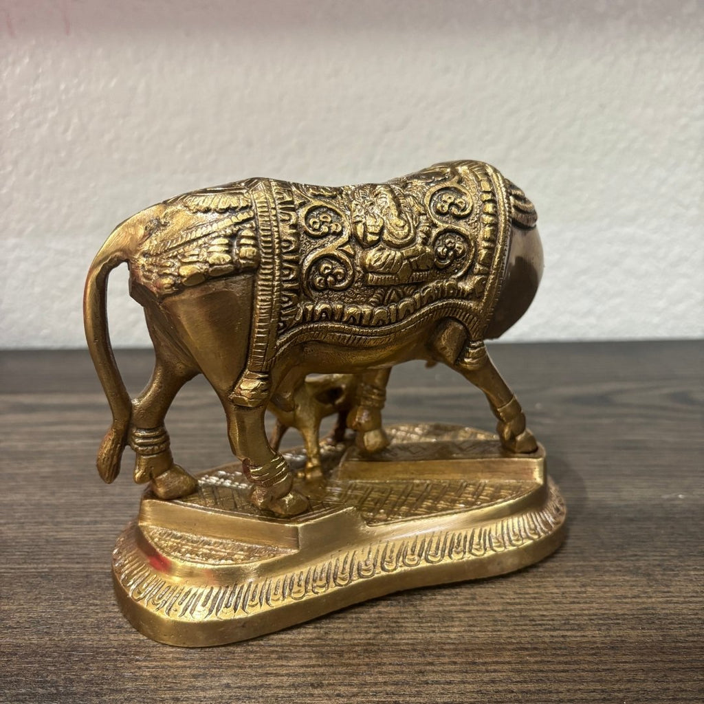 Brass Kamdhenu Cow with Calf Statue - Hand-Engraved, 2 kg