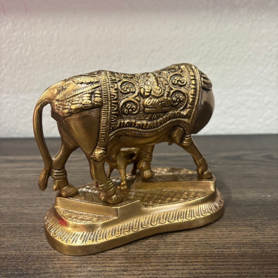 Brass Kamdhenu Cow with Calf Statue - Hand-Engraved, 2 kg