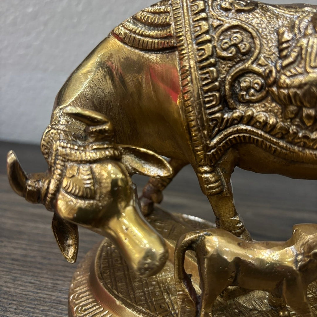 Brass Kamdhenu Cow with Calf Statue - Hand-Engraved, 2 kg