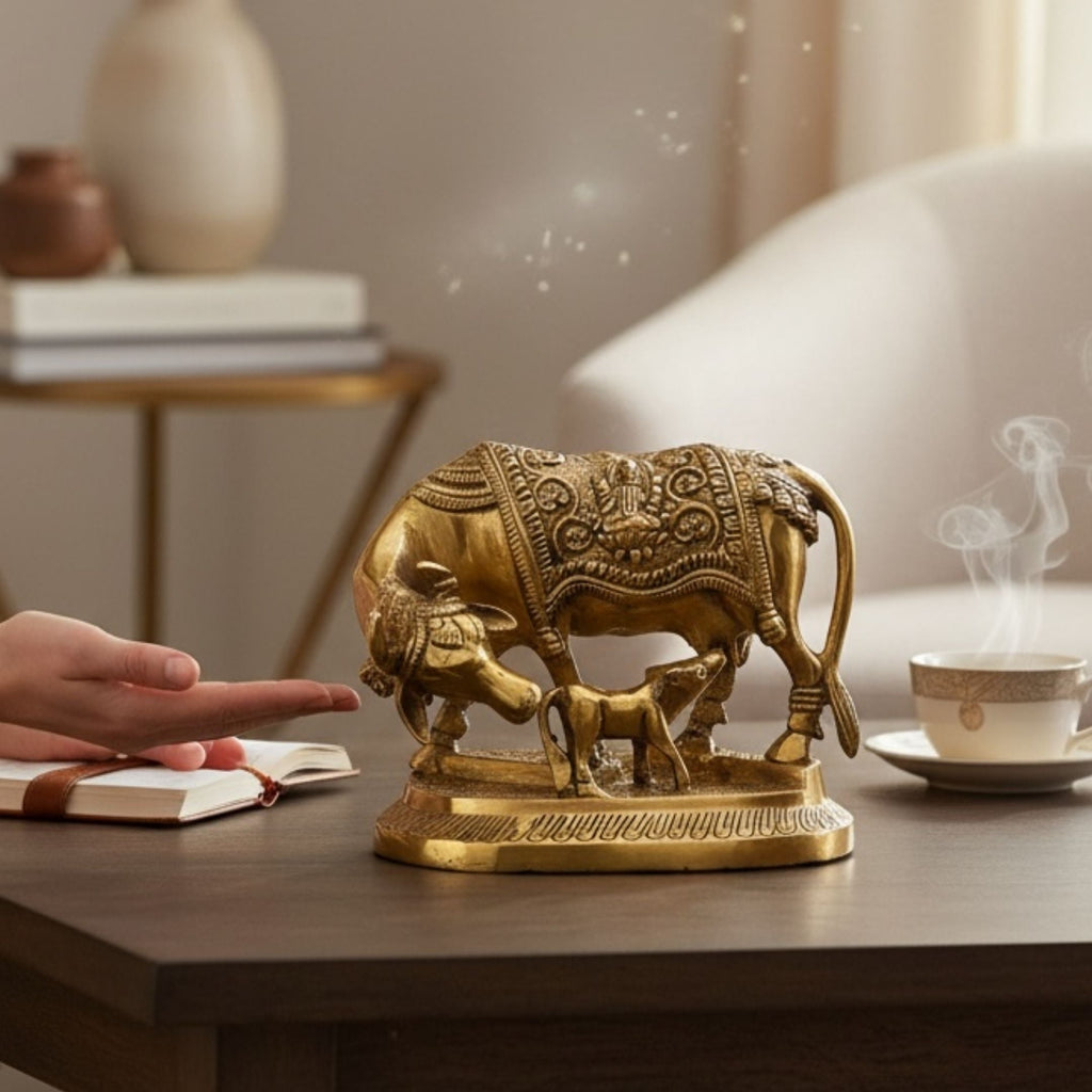 Brass Kamdhenu Cow with Calf Statue - Hand-Engraved, 2 kg